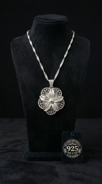 925 Sterling Silver Traditional Filigree Handcrafted Lotus Flower 3D Silver Necklace