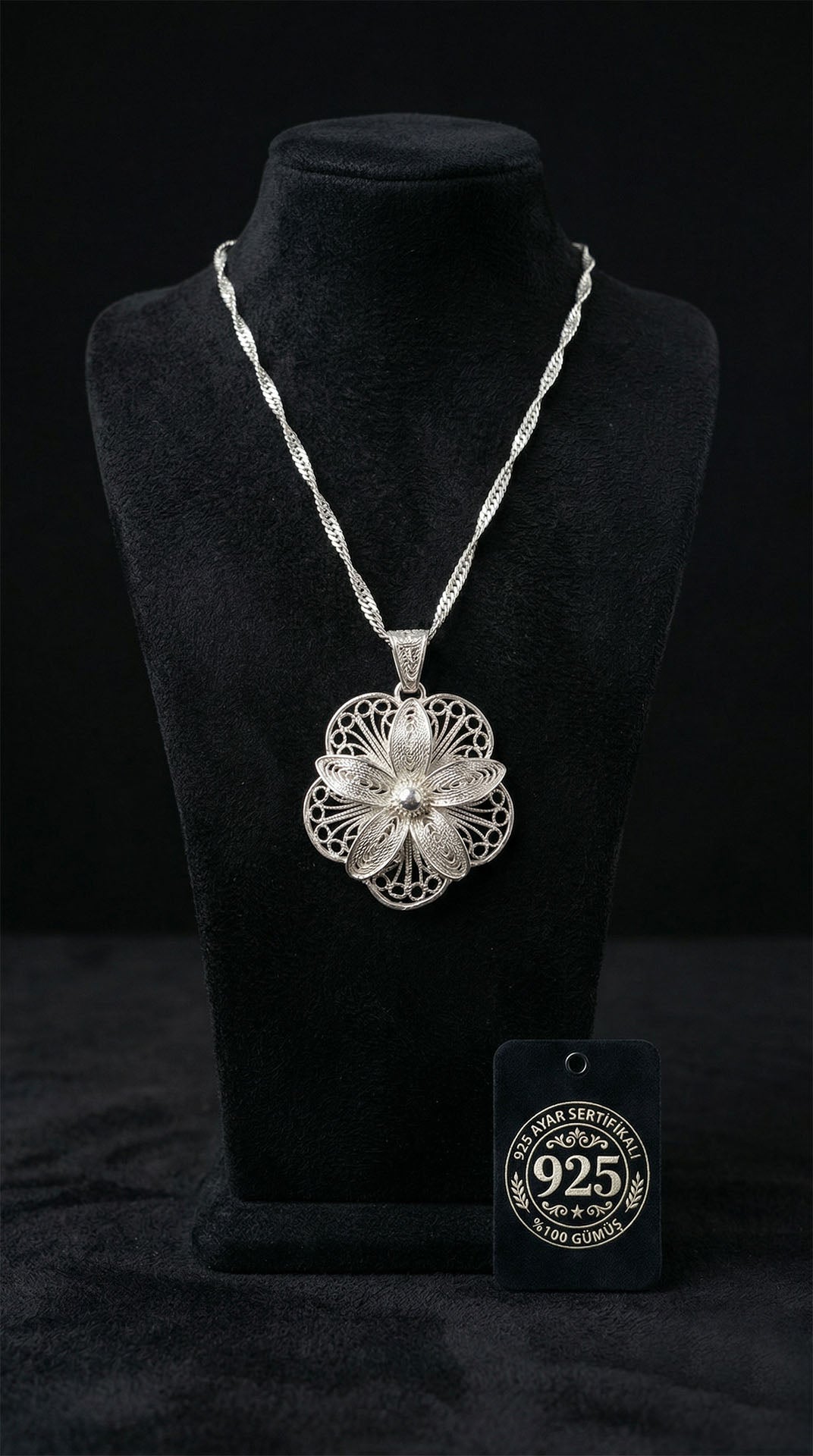 925 Sterling Silver Traditional Filigree Handcrafted Lotus Flower 3D Silver Necklace