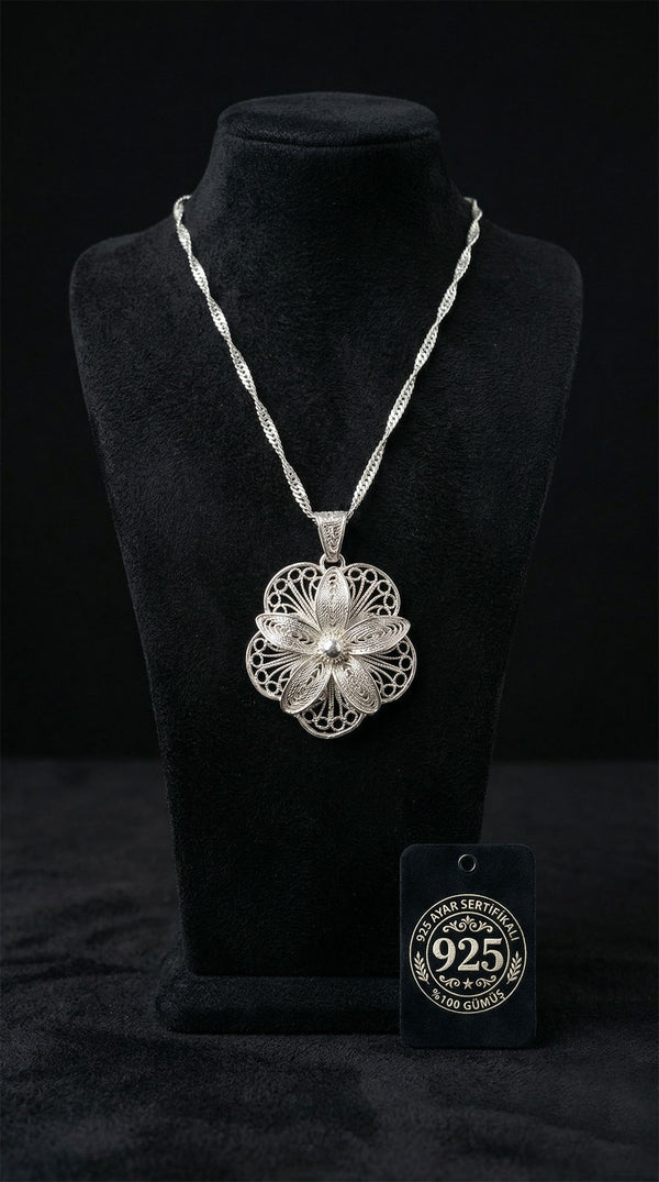 925 Sterling Silver Traditional Filigree Handcrafted Lotus Flower 3D Silver Necklace