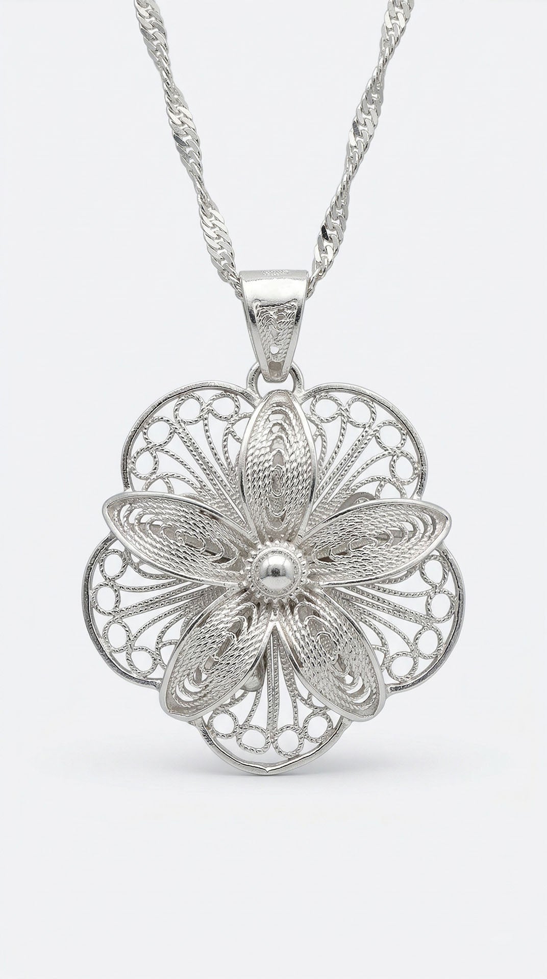 Traditional Filigree Handmade Lotus Flower 3D Necklace Silver