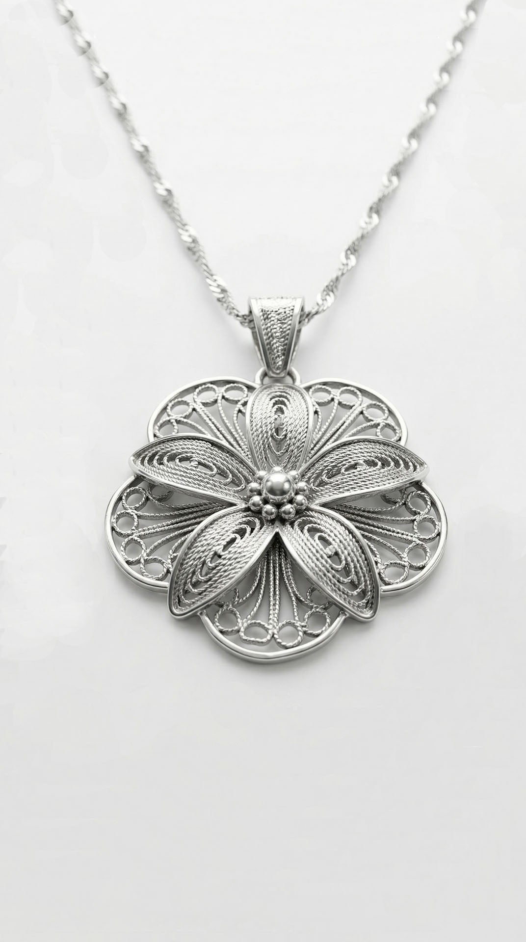 Traditional Filigree Handmade Lotus Flower 3D Necklace Silver