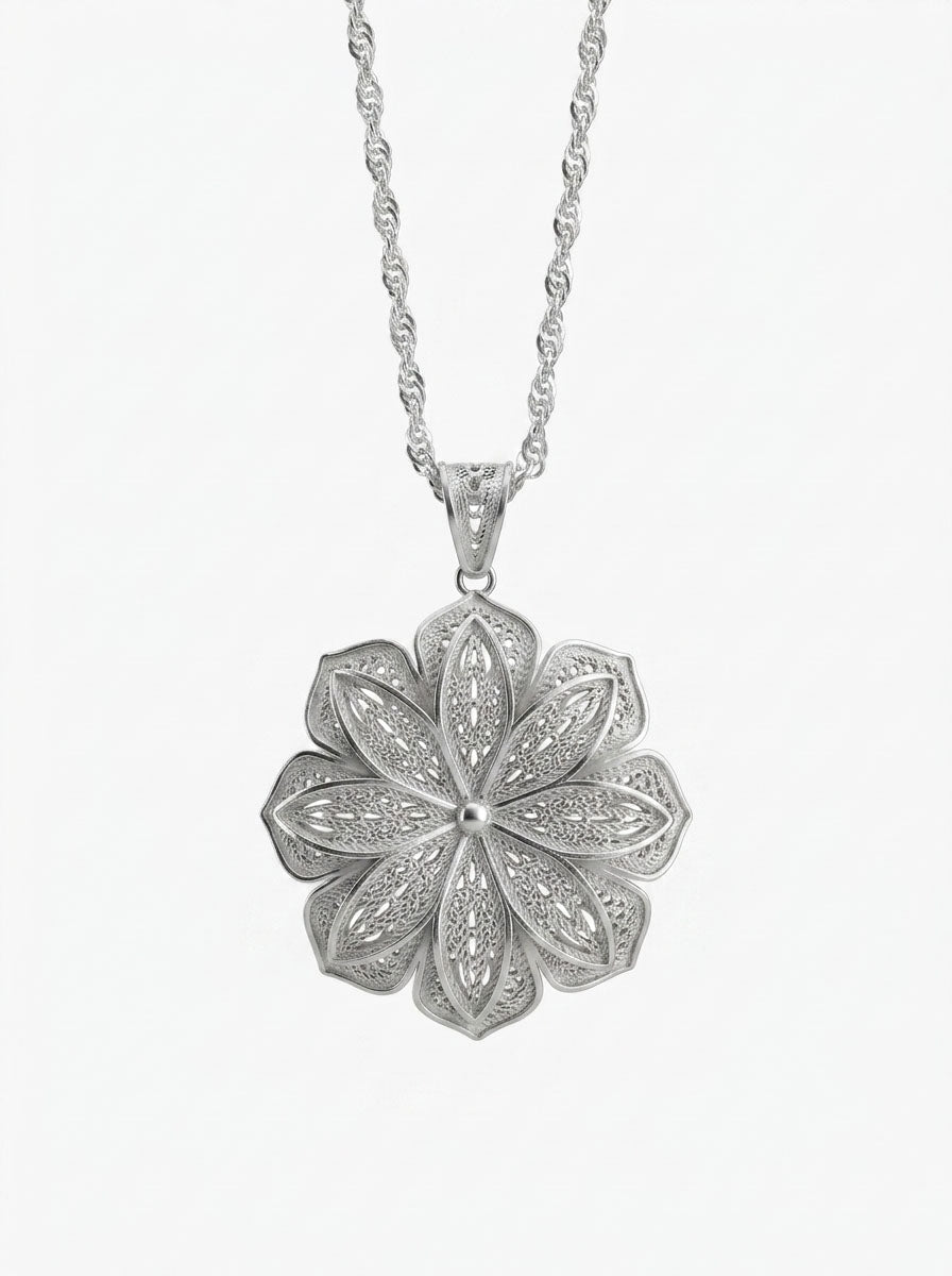 925 Sterling Silver Filigree Magnolia Medallion Necklace - view 3