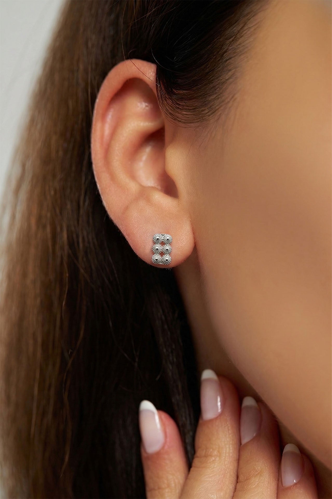 Traditional Filigree Handmade Midyat Heritage Rectangle Stud Earrings Silver