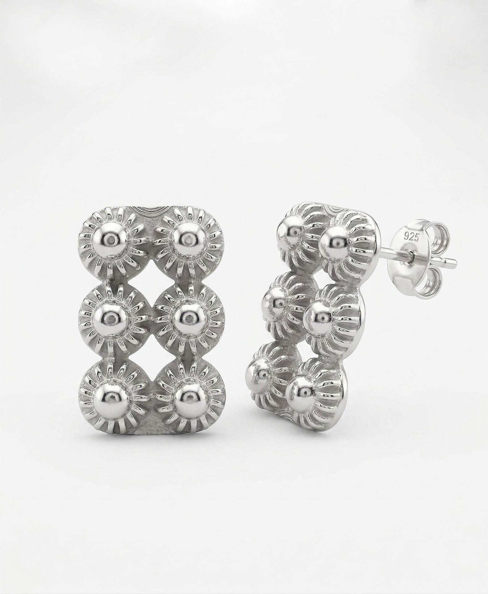 Traditional Filigree Handmade Midyat Heritage Rectangle Stud Earrings Silver