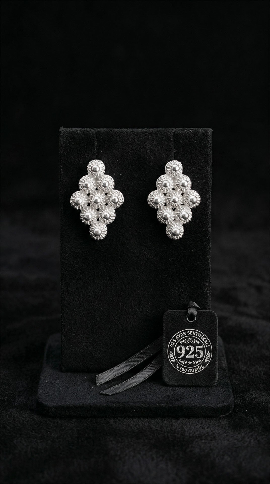 Traditional Filigree Handmade Midyat Heritage Diamond-Shape Stud Earrings Silver