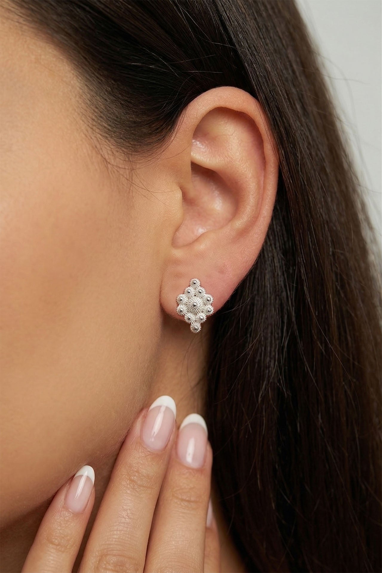 Traditional Filigree Handmade Midyat Heritage Marquise Stud Earrings Silver