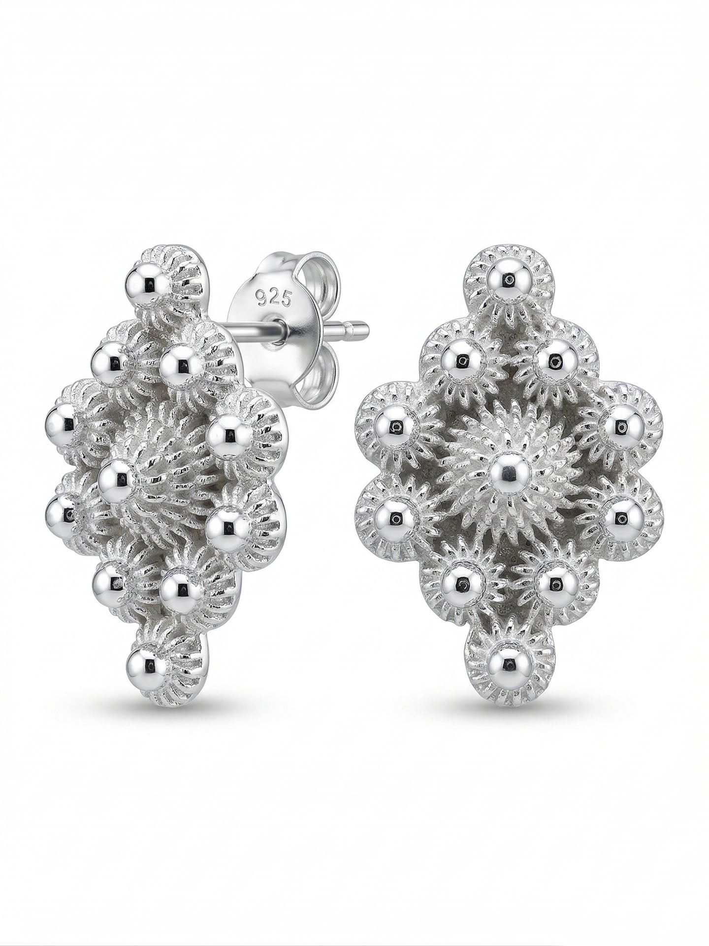 Traditional Filigree Handmade Midyat Heritage Marquise Stud Earrings Silver