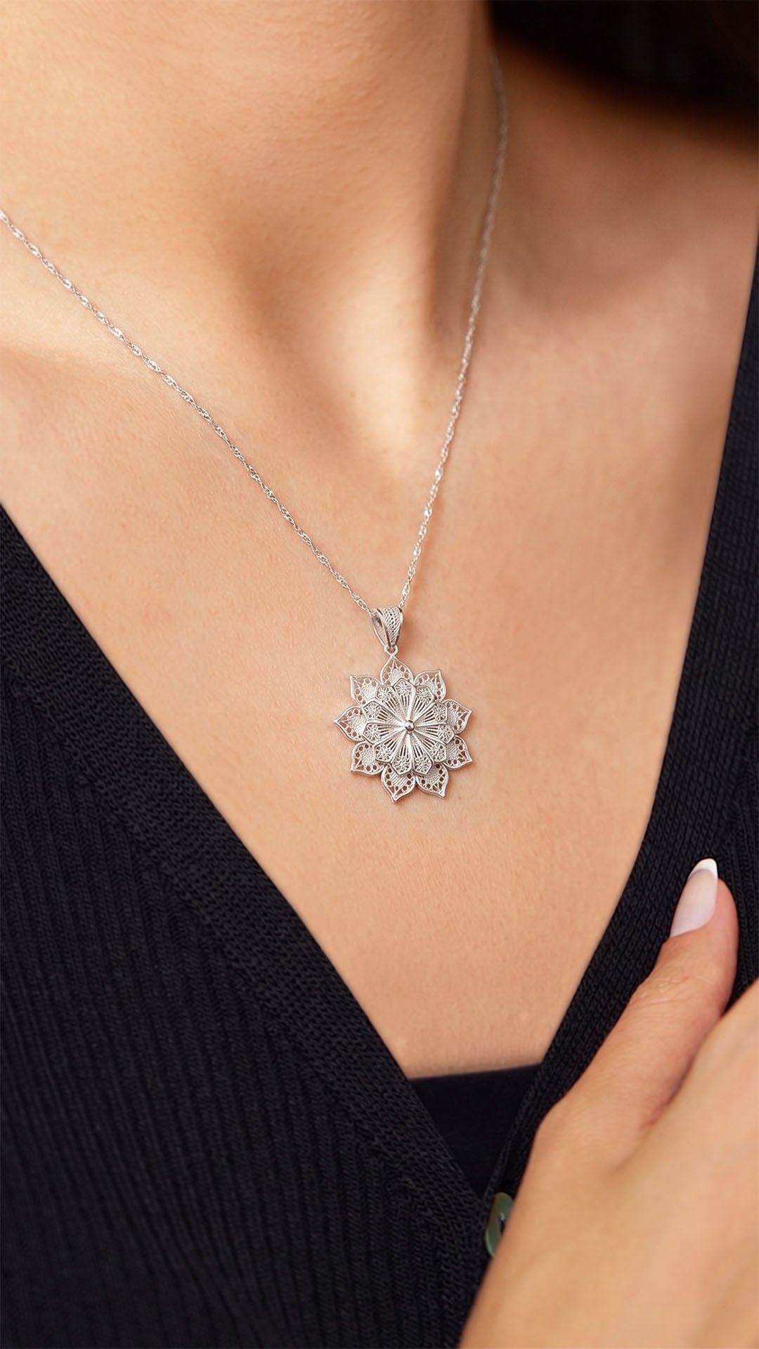 925 Sterling Silver Filigree Water Lily Medallion Necklace - view 2