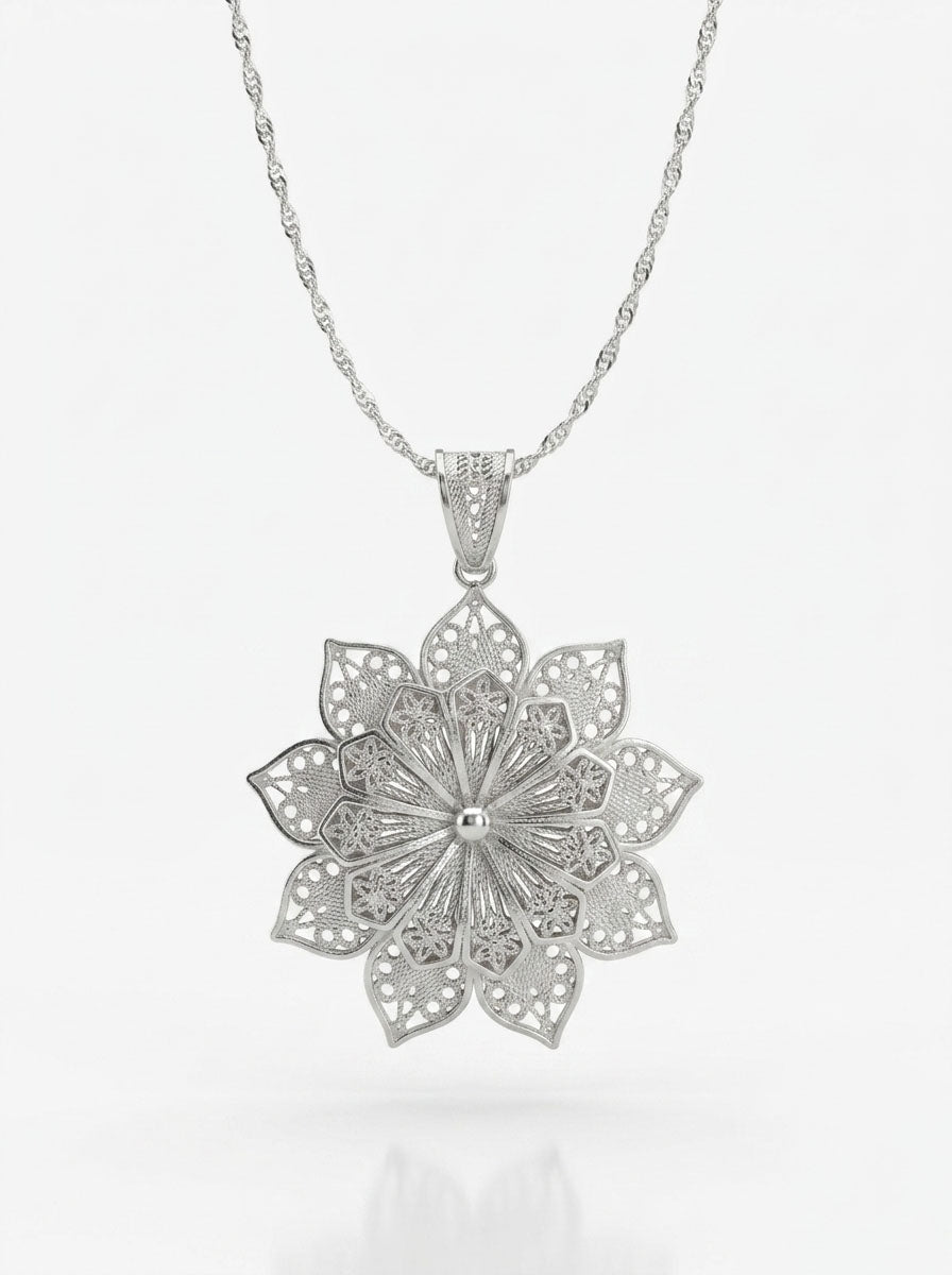 925 Sterling Silver Filigree Water Lily Medallion Necklace - view 4