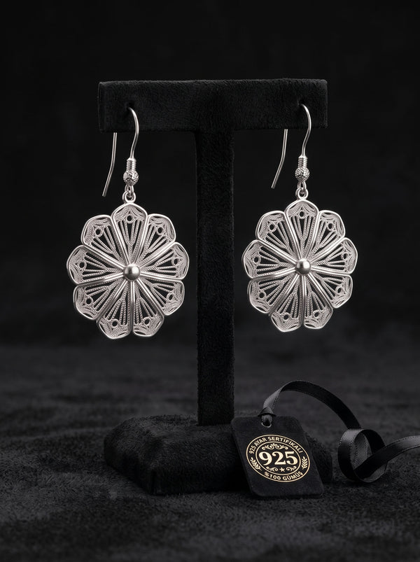 925 Sterling Silver Handcrafted Traditional Filigree Daisy Flower Dangle Hook Earrings