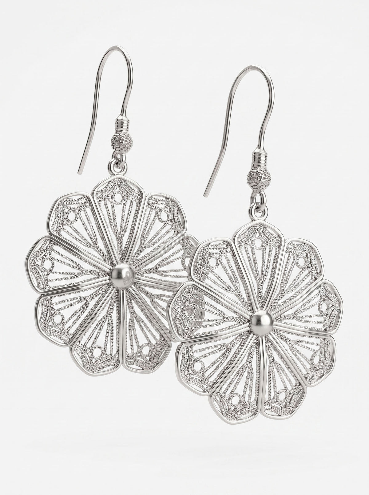 925 Sterling Silver Handcrafted Traditional Filigree Daisy Flower Dangle Hook Earrings - view 3