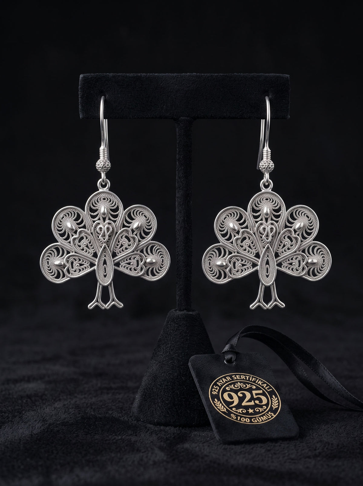 Handgefertigte traditionelle Hängeohrringe aus 925er Sterlingsilber mit Pfauenmotiv im Filigran-Design