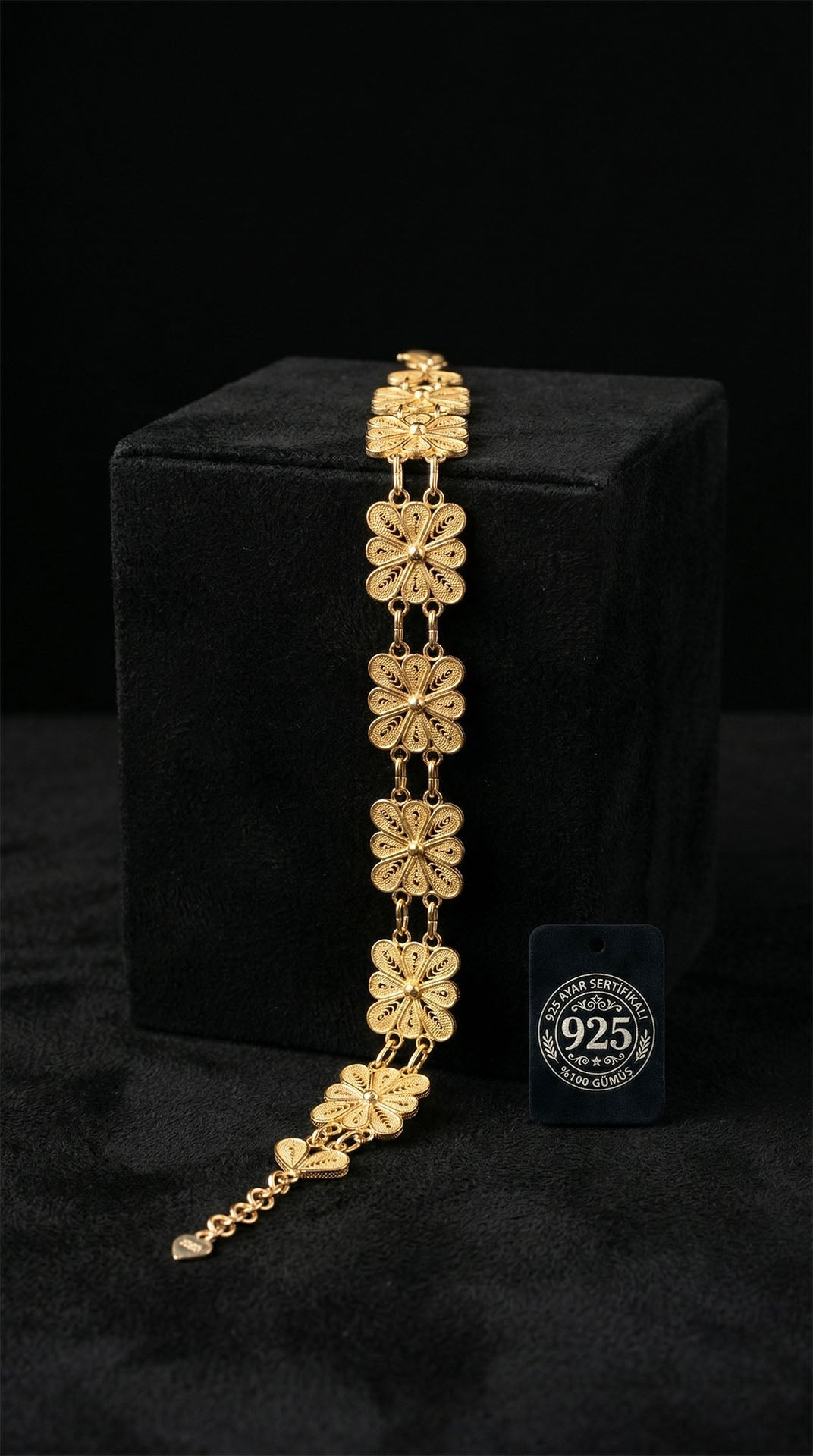 Gold Filigree Square Floral Wide Link Bracelet in 925 sterling silver