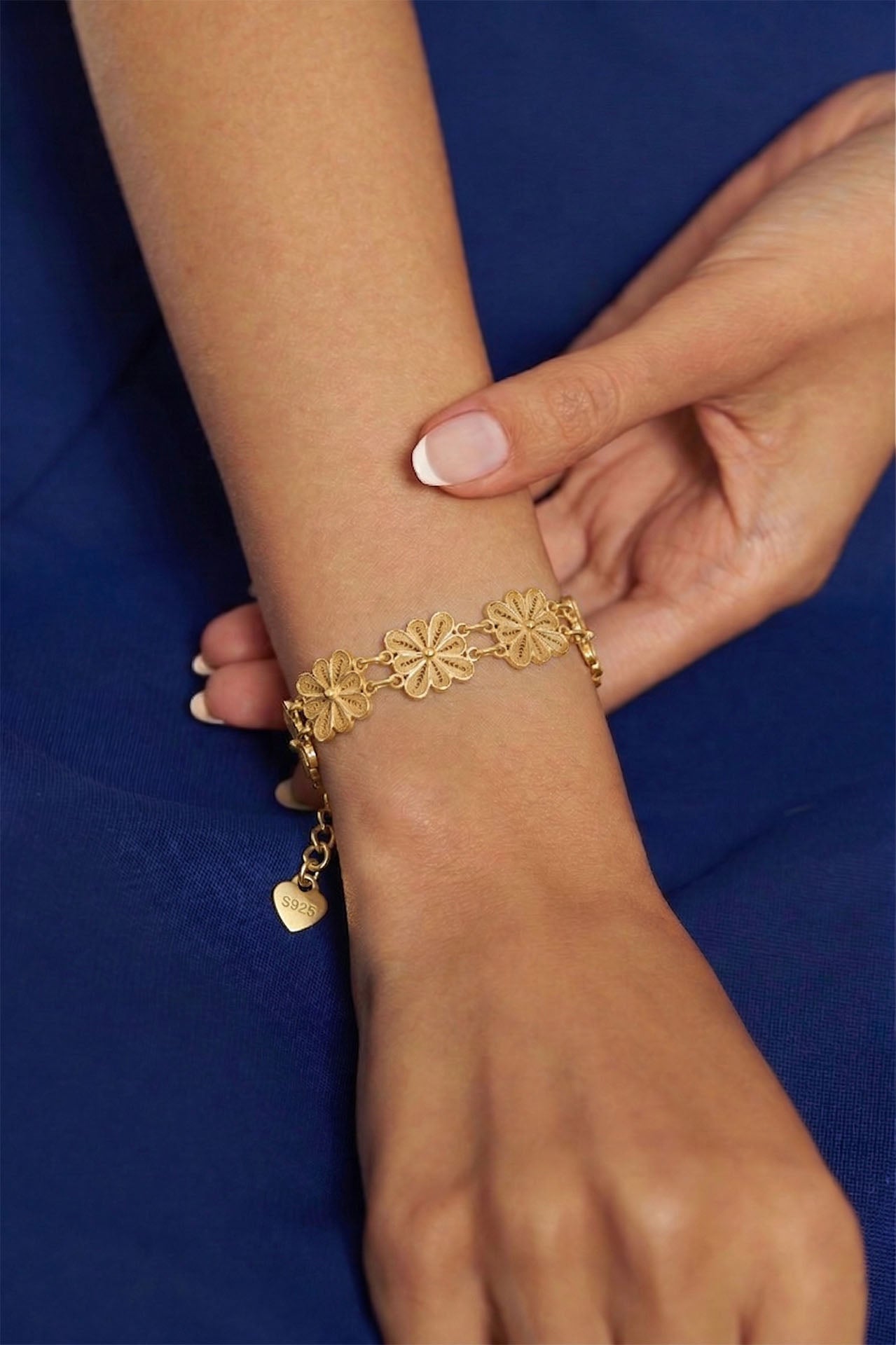 Traditional Filigree Handmade Square Flower Cuff Bracelet Gold Plated Silver
