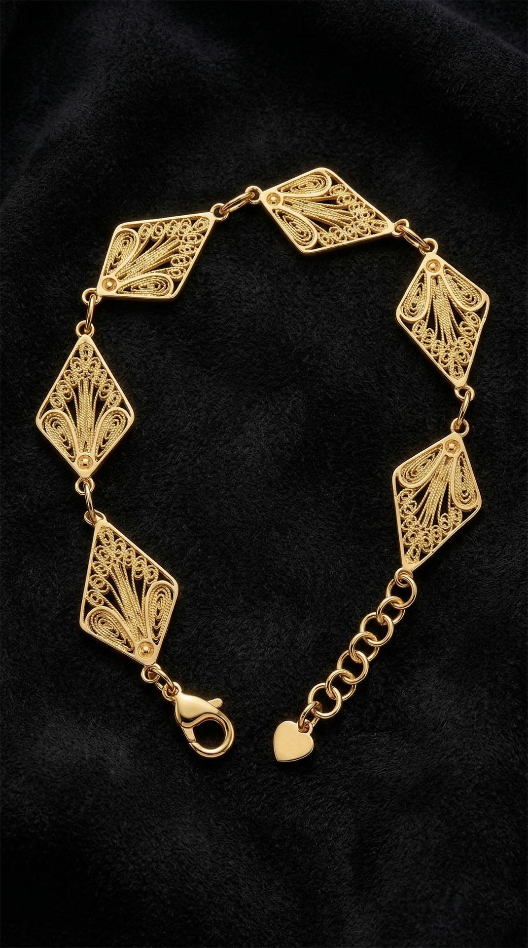 Traditional Filigree Handmade Diamond-Shape Marquise Row Bracelet Gold Plated Silver