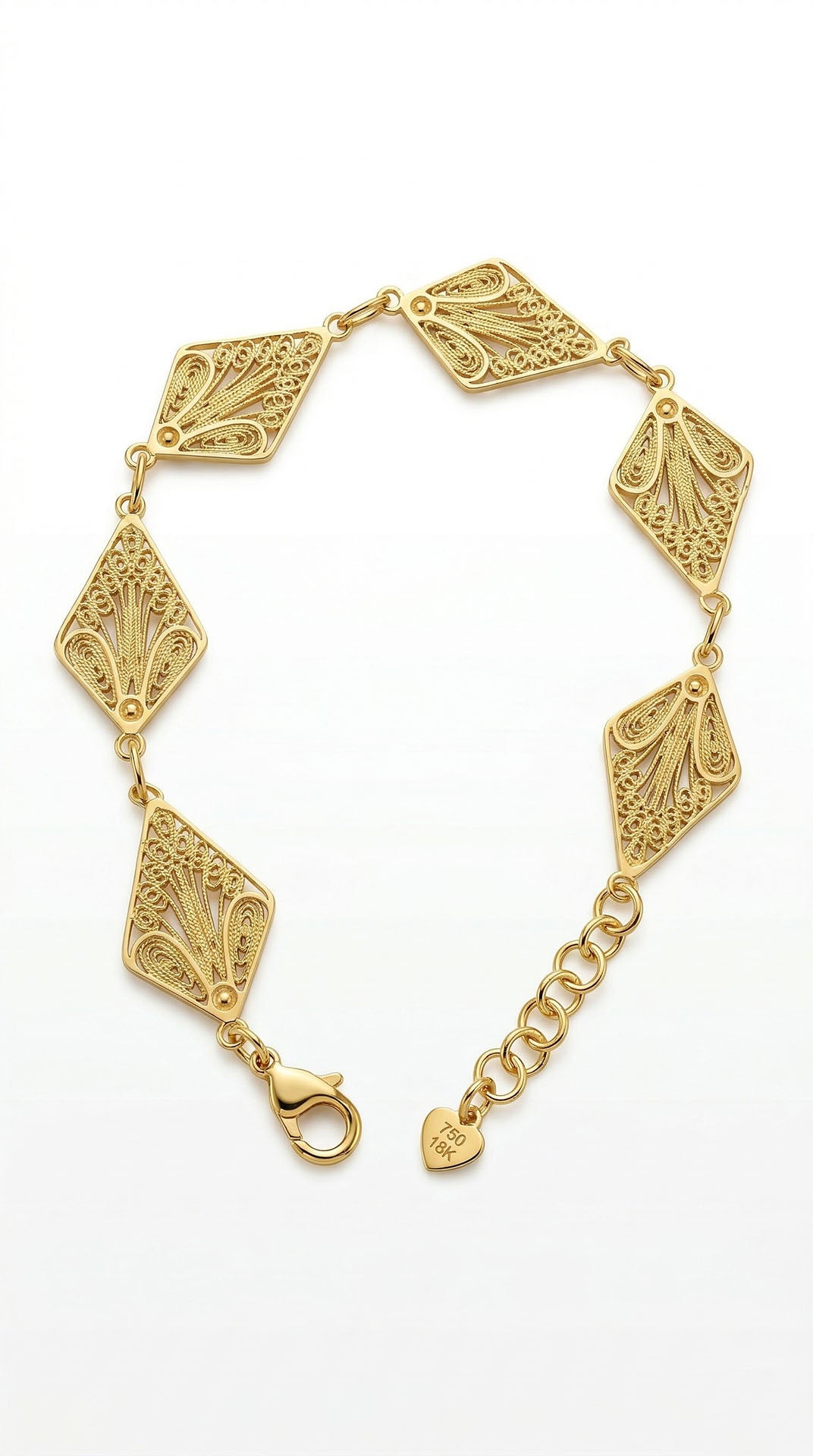 Traditional Filigree Handmade Diamond-Shape Marquise Row Bracelet Gold Plated Silver