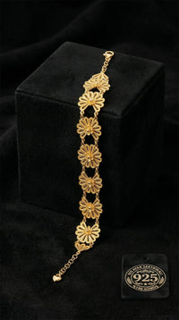 925 Sterling Silver Traditional Filigree Handmade Gold Plated Lotus Flower Cuff Bracelet