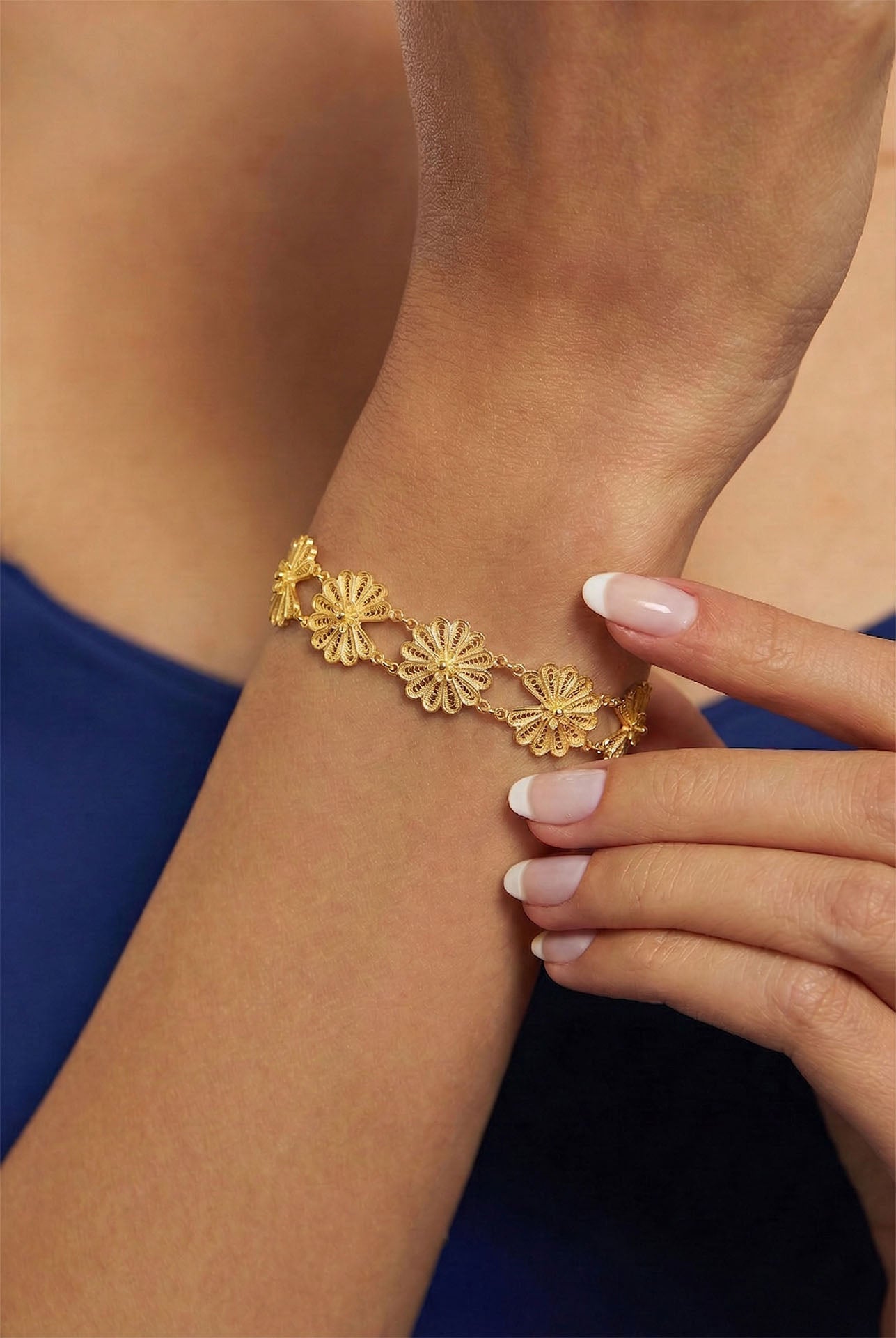 Traditional Filigree Handmade Lotus Flower Cuff Bracelet Gold Plated Silver