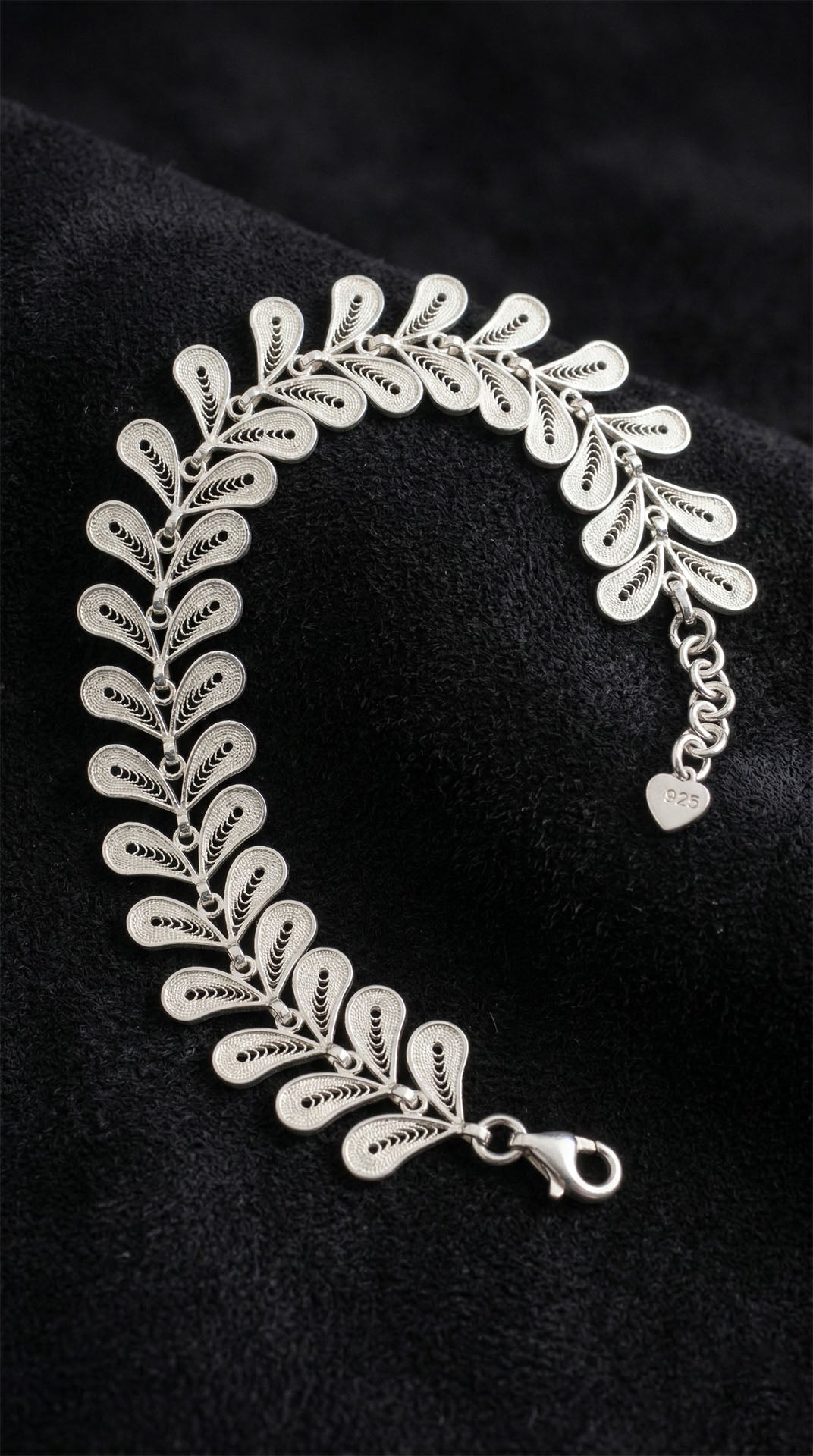 Authentic 925 Sterling Silver Handcrafted Filigree Wheat & Herringbone Chain Bracelet