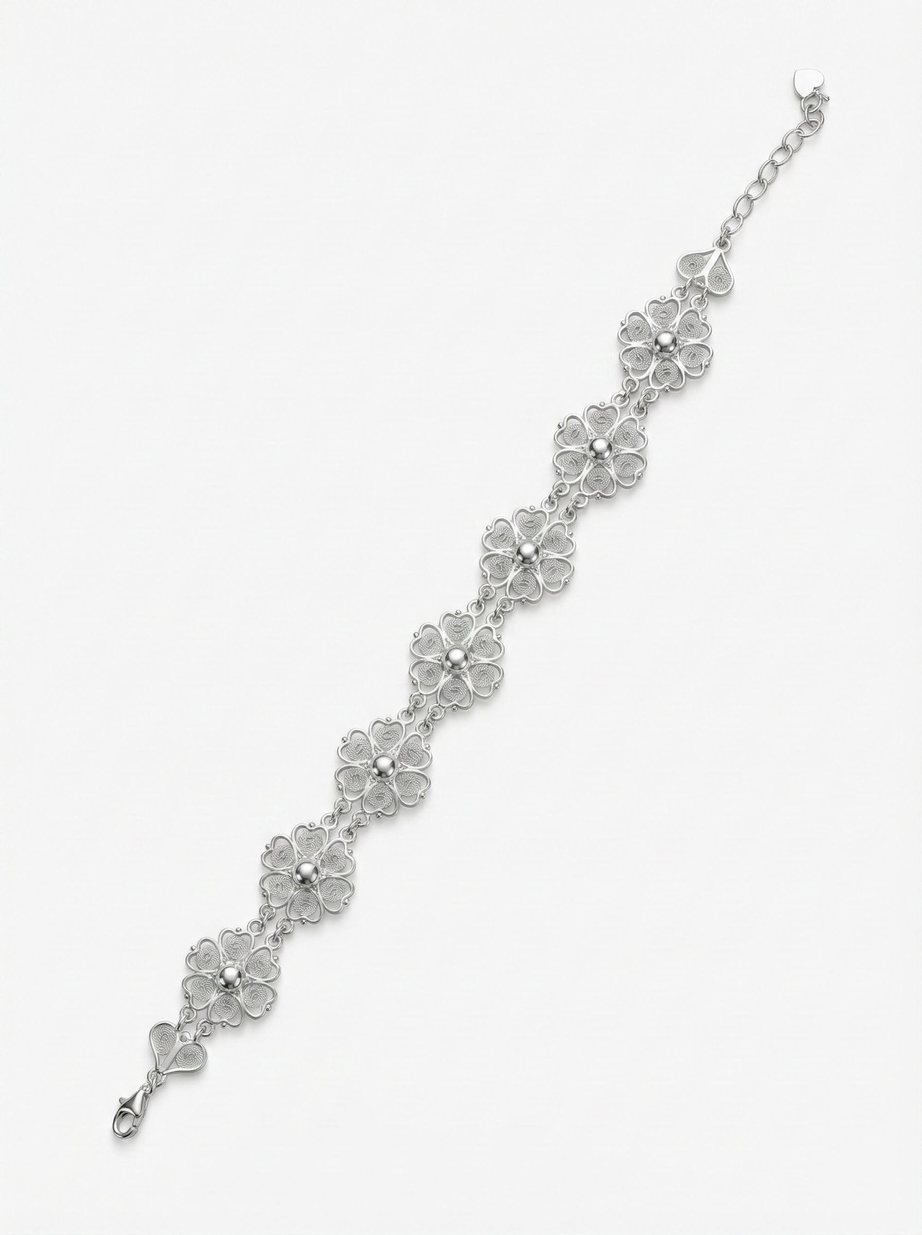 Traditional Filigree Row Heart Motif Handmade Bracelet Silver