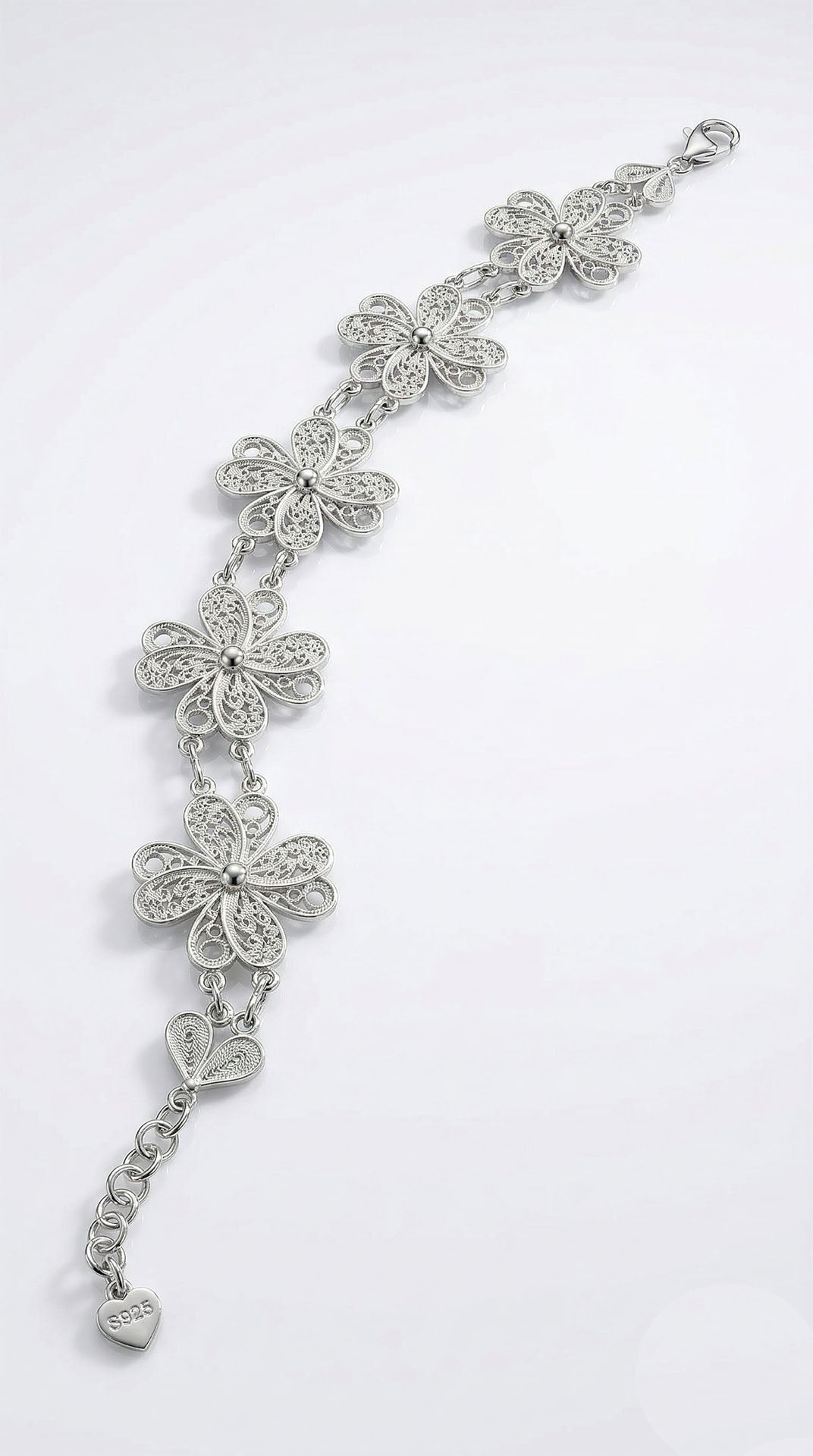 Traditional Filigree Handmade Four Leaf Clover Motif Cuff Bracelet Silver