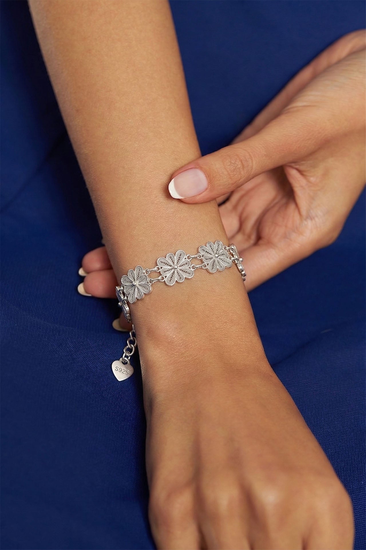 Traditional Filigree Handmade Square Flower Motif Cuff Bracelet Silver