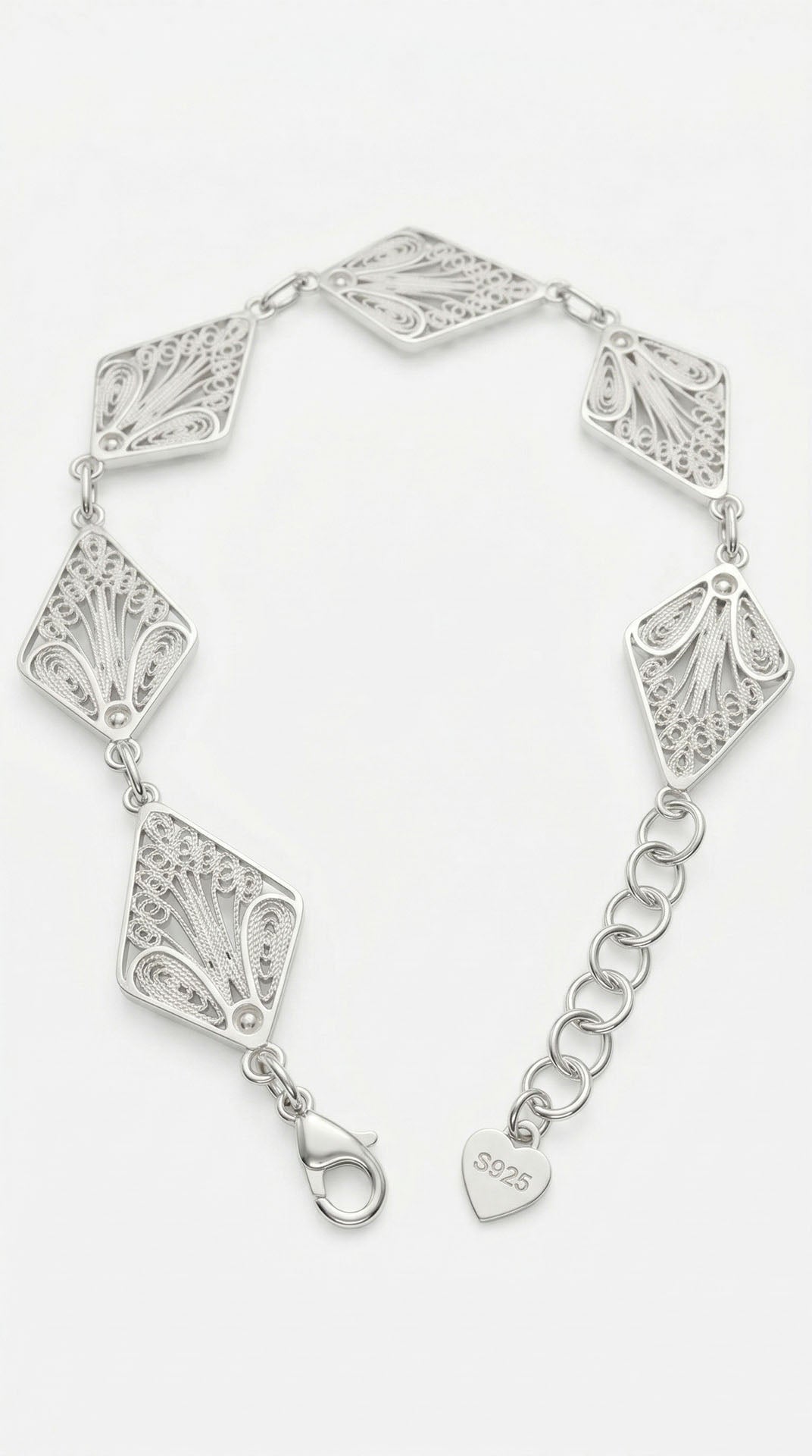 Traditional Filigree Handmade Diamond-Shape Marquise Motif Row Bracelet Silver