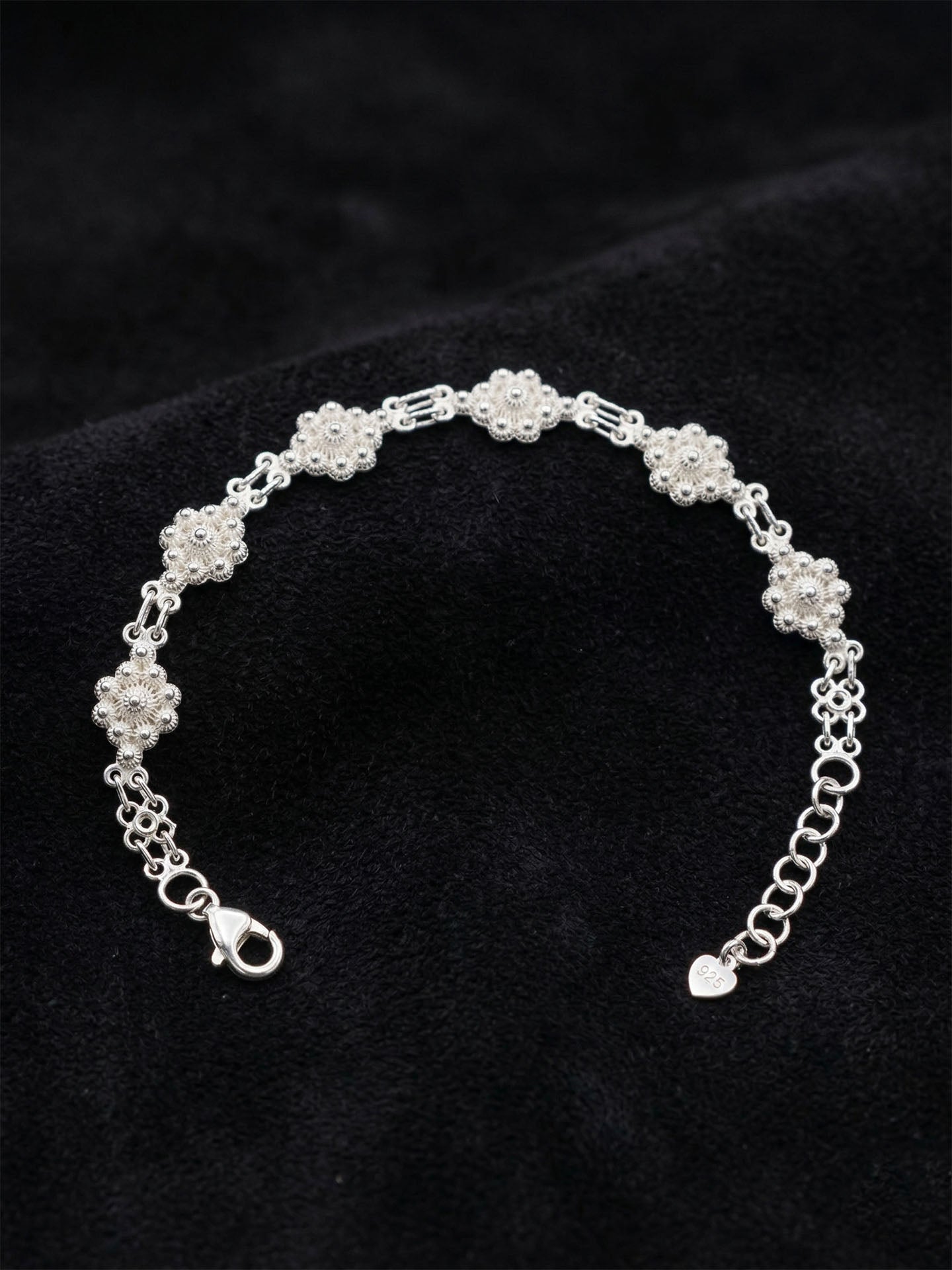 Traditional Filigree Handmade Midyat Heritage Flower Bracelet Silver