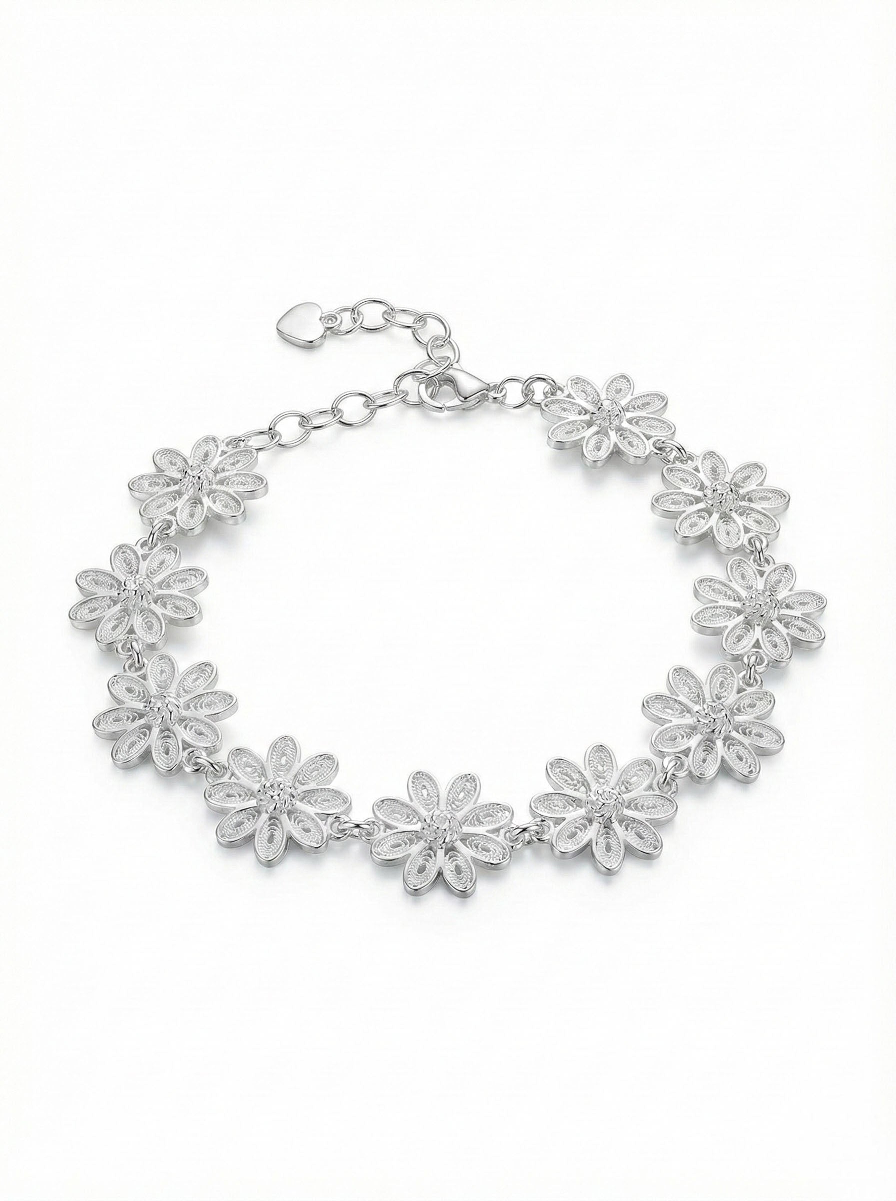 Traditional Filigree Handmade Clover Motif Row Bracelet Silver