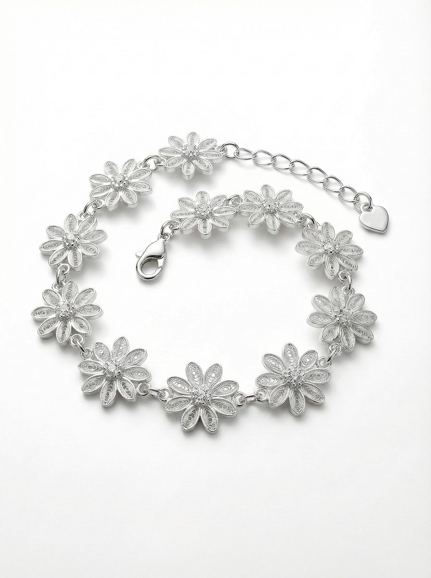 Traditional Filigree Handmade Clover Motif Row Bracelet Silver
