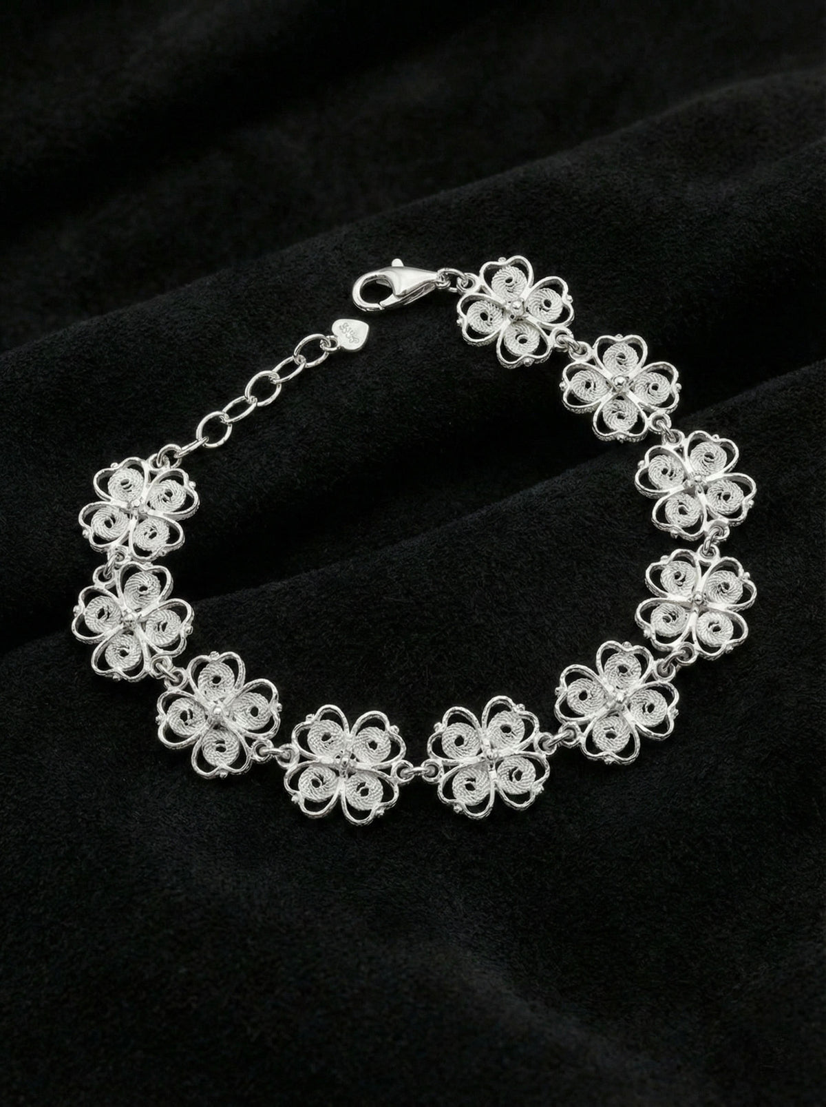 Filigree Clover Link Bracelet (Adjustable) in 925 sterling silver