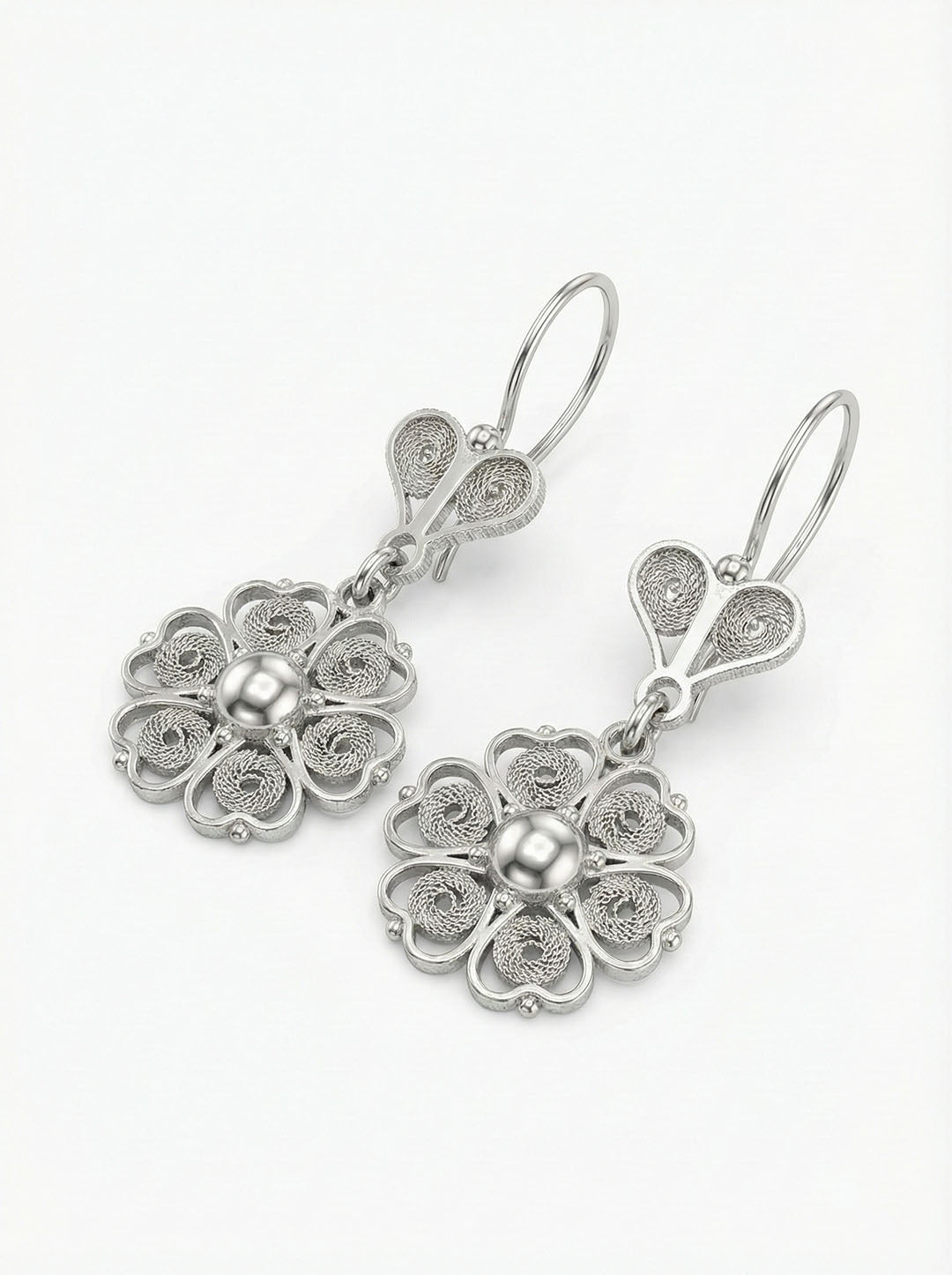 925 Sterling Silver Traditional Filigree Handmade Art Flower Motif Dangle Earrings