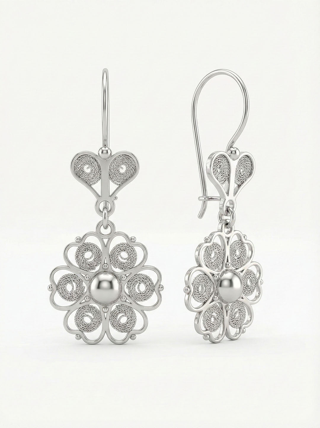 925 Sterling Silver Traditional Filigree Handmade Art Flower Motif Dangle Earrings