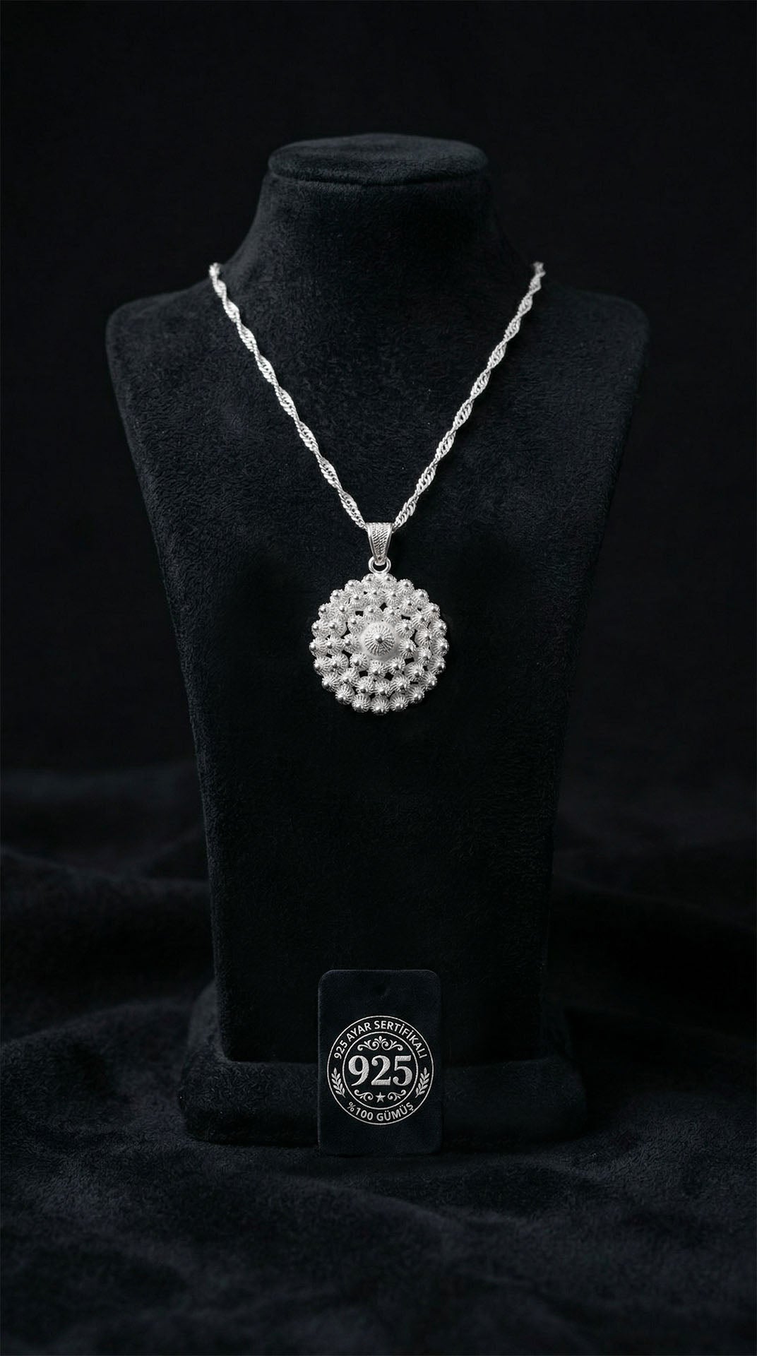 925 Sterling Silver Traditional Filigree Midyat Fertility Series Flower Silver Necklace - Large