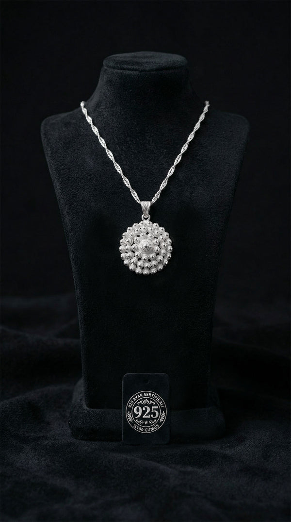 925 Sterling Silver Traditional Filigree Midyat Fertility Series Flower Silver Necklace - Large
