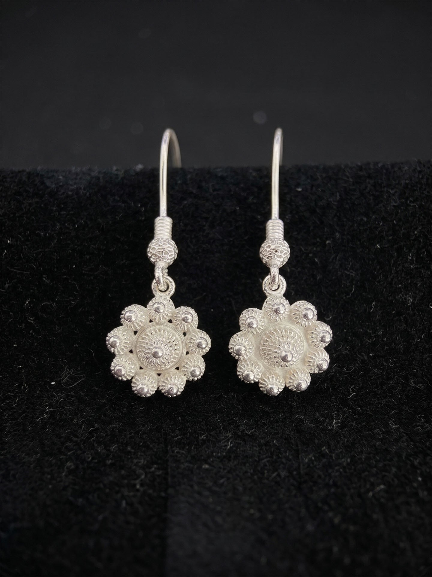 Traditional Filigree Midyat Heritage Flower Dangle Hook Earrings Silver – 13mm