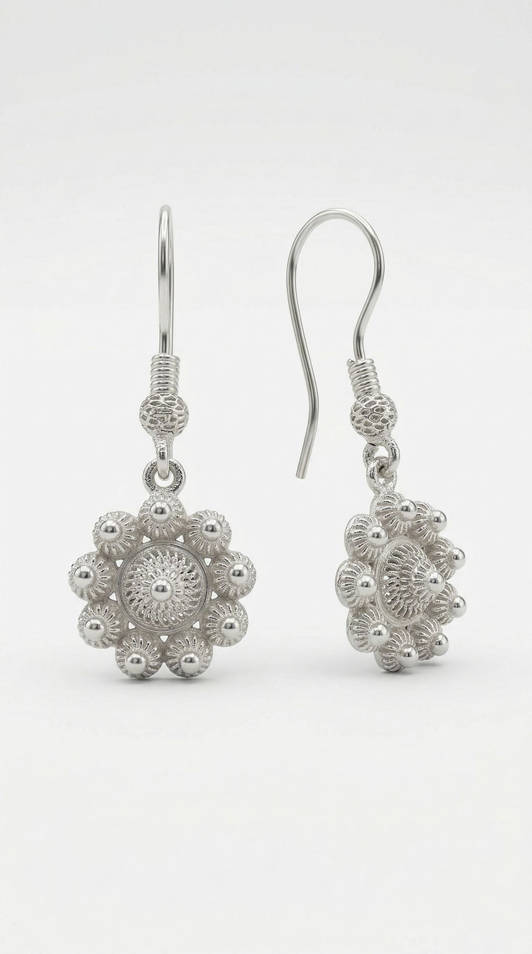 Traditional Filigree Midyat Heritage Flower Dangle Hook Earrings Silver – 13mm