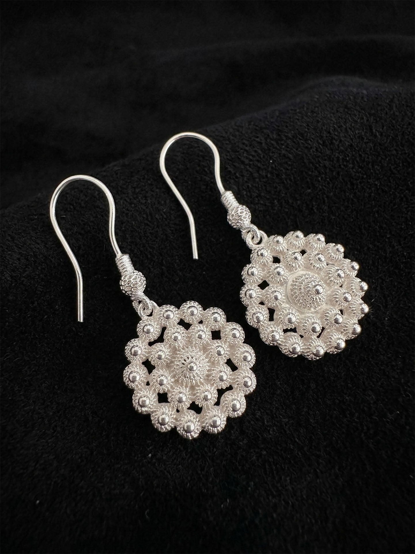 Traditional Filigree Midyat Heritage Flower Dangle Hook Earrings Silver – 17mm