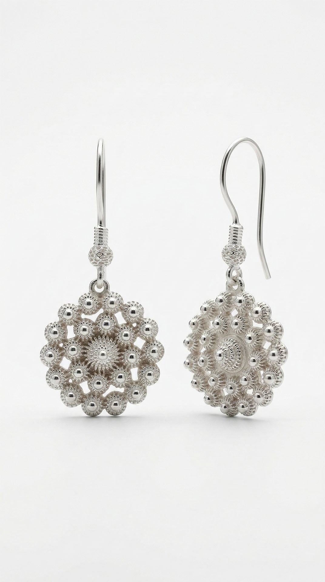 Traditional Filigree Midyat Heritage Flower Dangle Hook Earrings Silver – 17mm