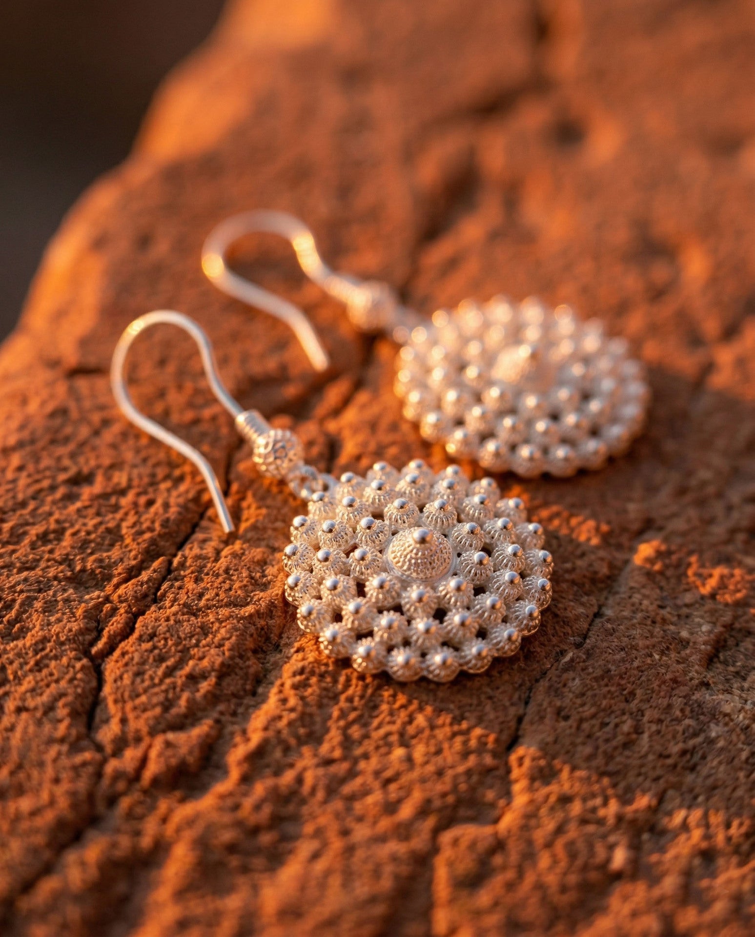 Traditional Filigree Midyat Heritage Flower Dangle Hook Earrings Silver – 22mm
