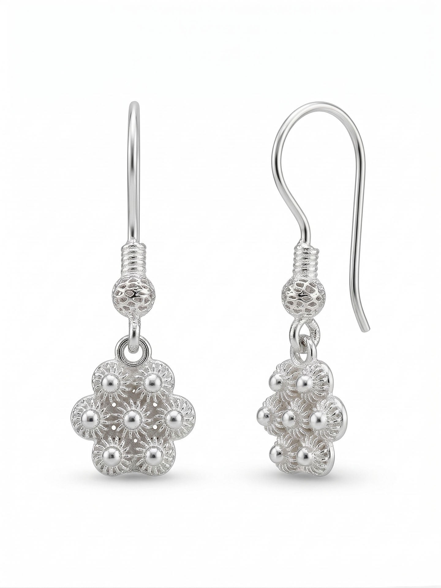 Traditional Filigree Midyat Heritage Flower Dangle Hook Earrings Silver – 9mm