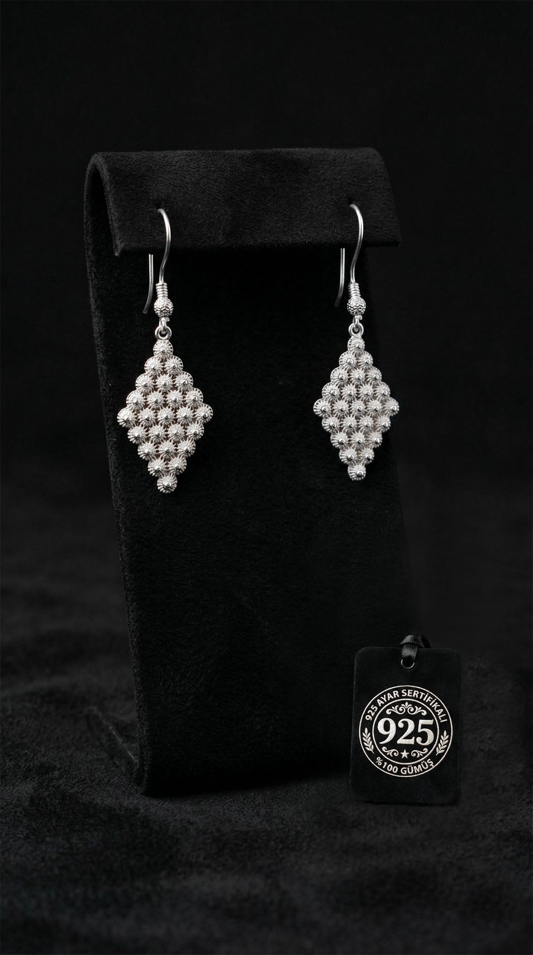 925 Sterling Silver Traditional Filigree Midyat Fertility Series Tile Dangle Hook Earrings - Large