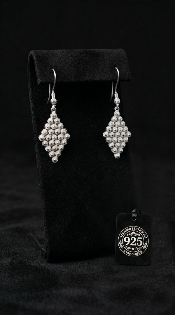 925 Sterling Silver Traditional Filigree Midyat Fertility Series Tile Dangle Hook Earrings - Large