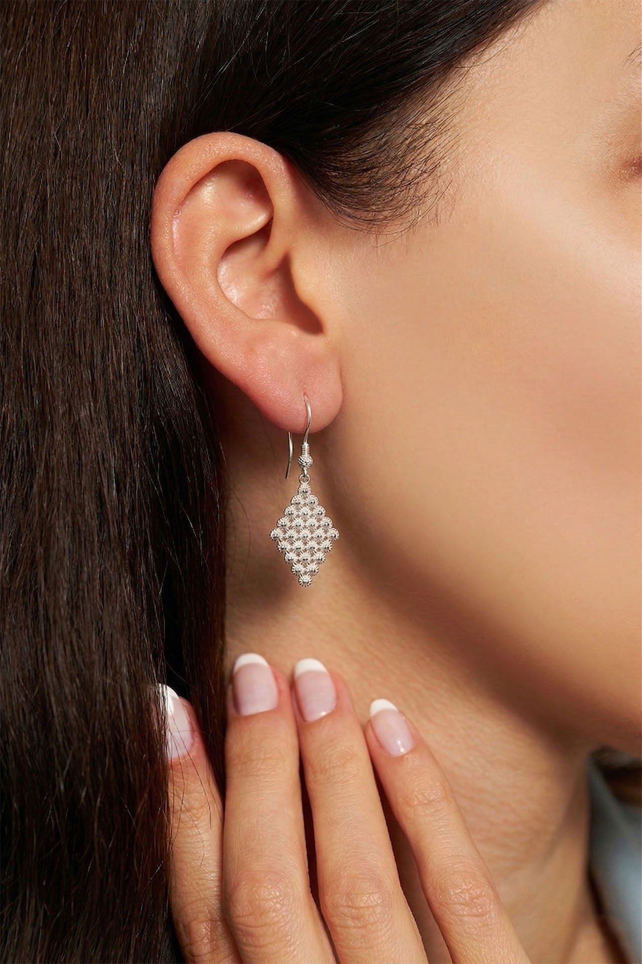 Traditional Filigree Midyat Heritage Diamond-Shape Dangle Hook Earrings Silver – Large
