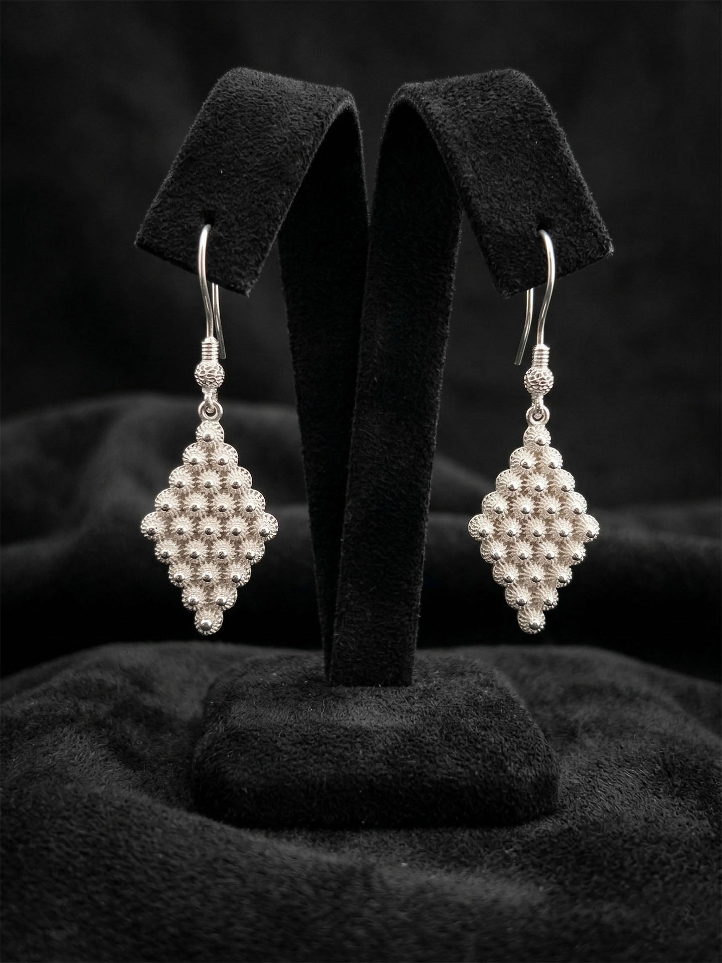 Traditional Filigree Midyat Heritage Diamond-Shape Dangle Hook Earrings Silver – Large