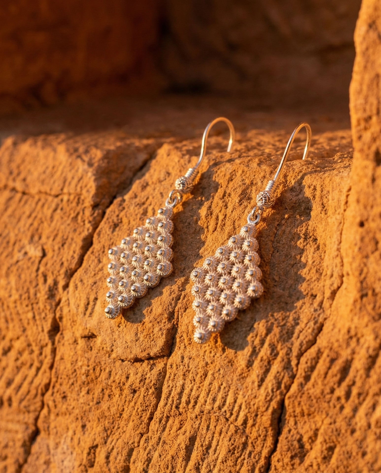 Traditional Filigree Midyat Heritage Diamond-Shape Dangle Hook Earrings Silver – Large