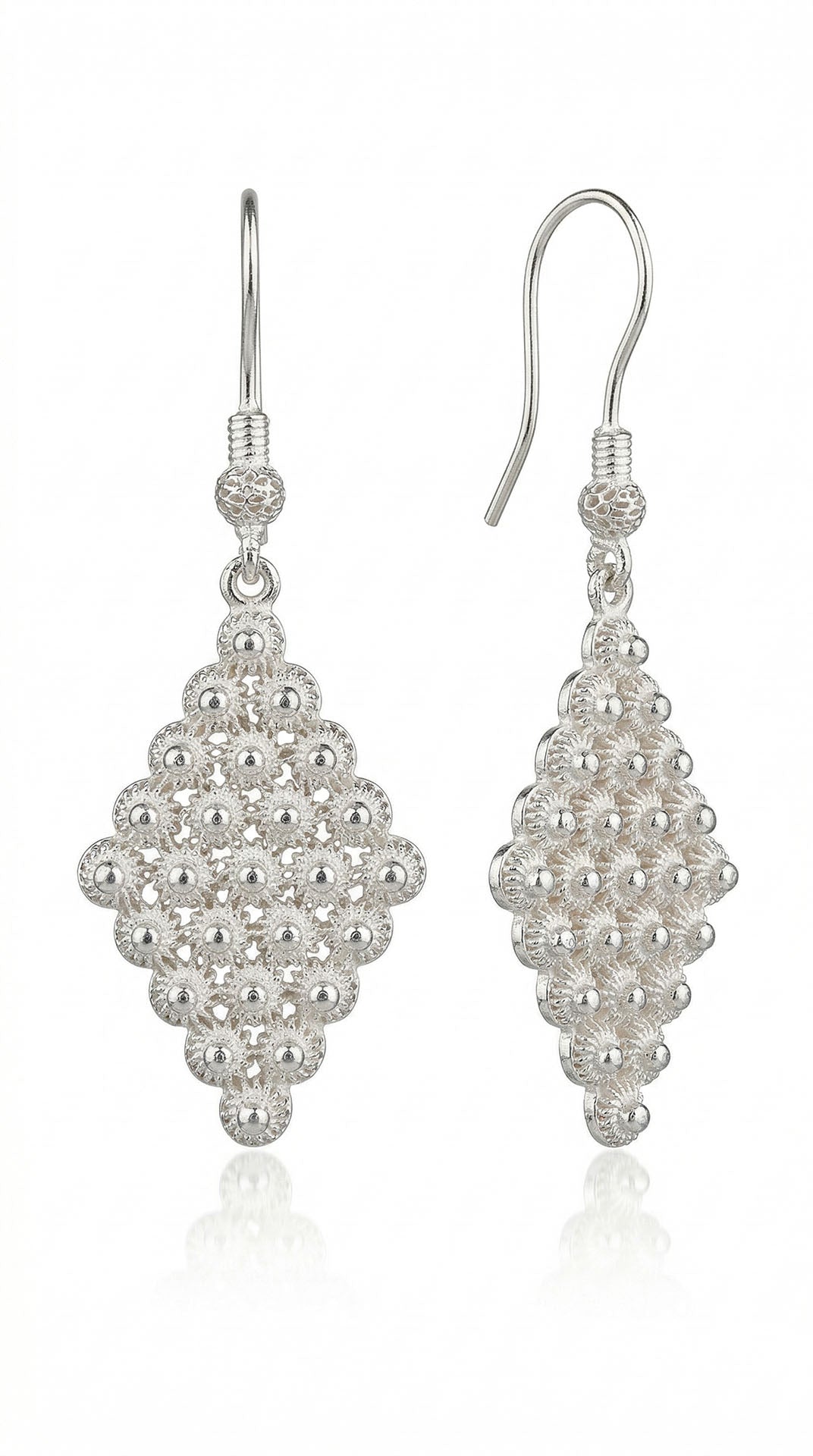 Traditional Filigree Midyat Heritage Diamond-Shape Dangle Hook Earrings Silver – Large