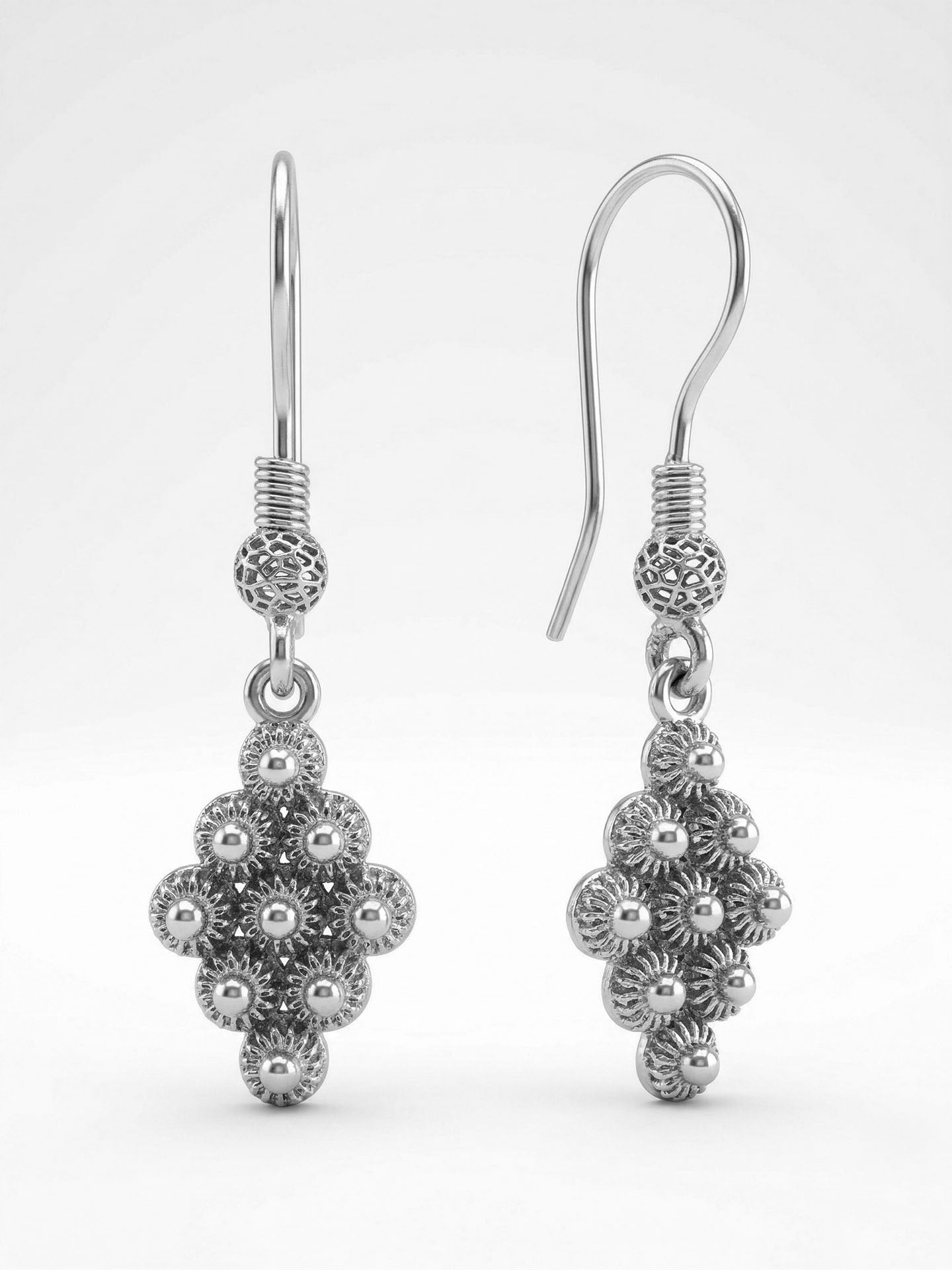 Traditional Filigree Midyat Heritage Diamond-Shape Dangle Hook Earrings Silver – Small