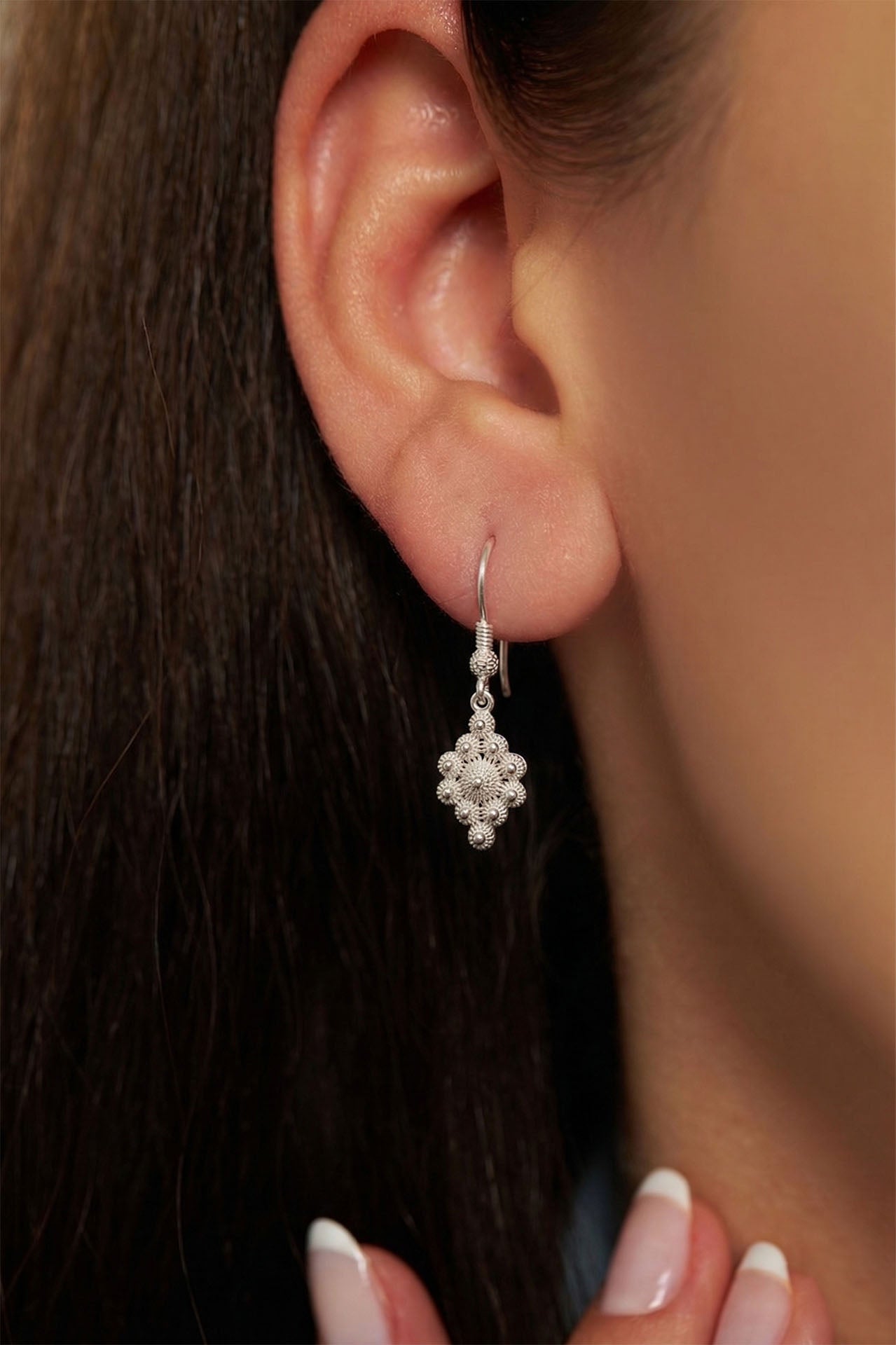 Traditional Filigree Midyat Heritage Marquise Dangle Hook Earrings Silver