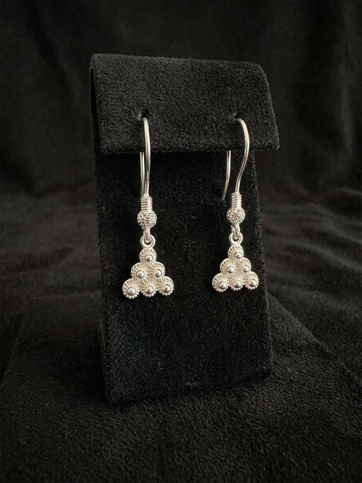 Traditional Filigree Midyat Heritage Triangle Dangle Hook Earrings Silver